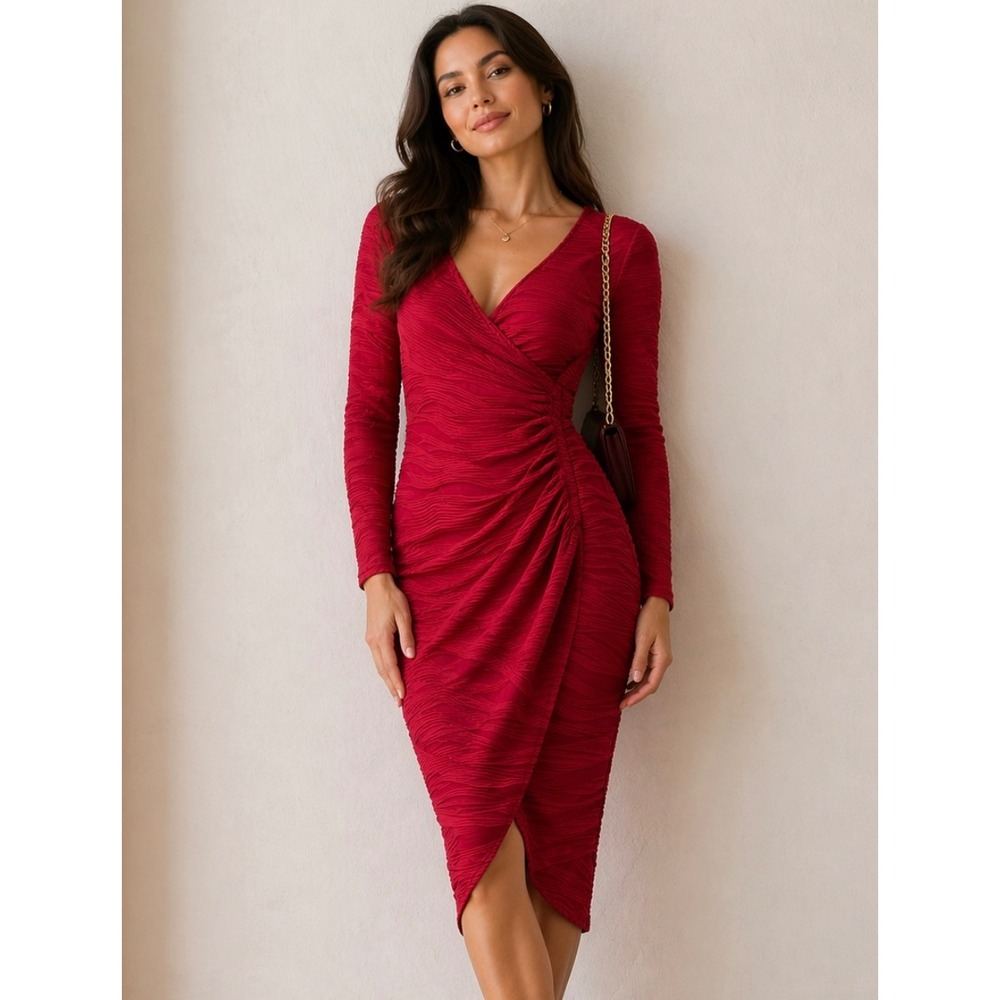 Joseph Ribkoff Red Textured Wavy Knit Faux Wrap Ruched Sheath Dress Womens 8 EUC